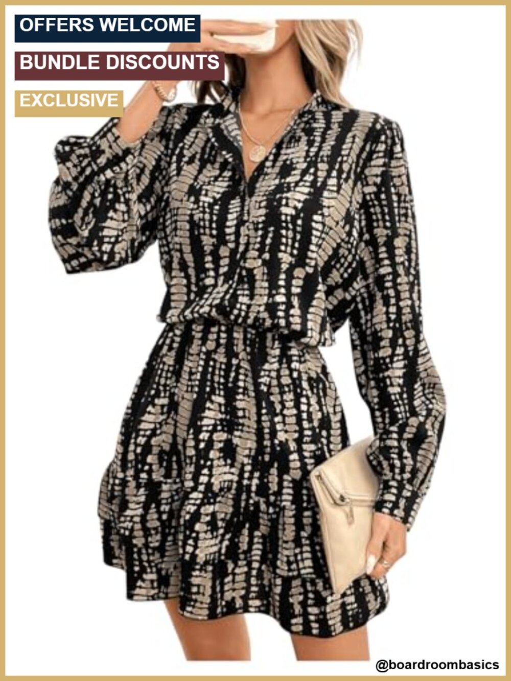 Women's Graphic Print Lantern Sleeve Button Shirt Dress Ruffle Hem Short Dress